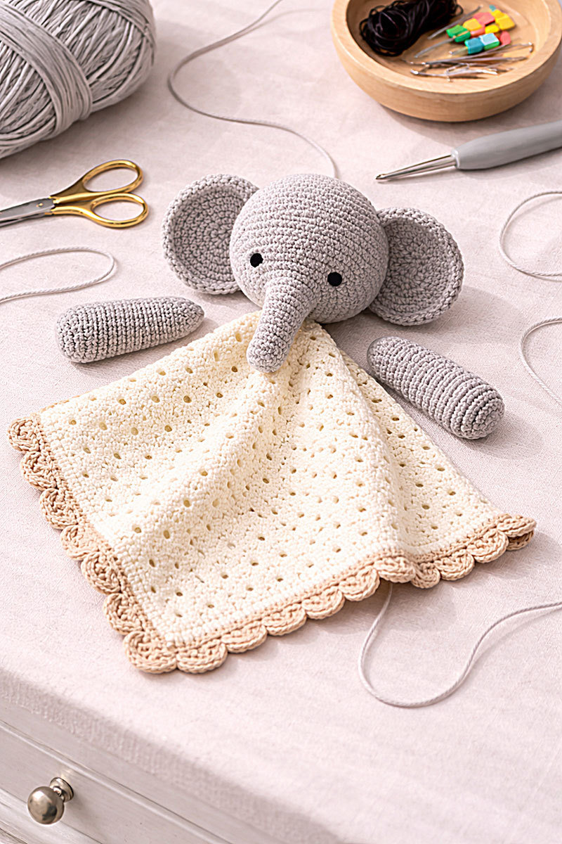 Crochet elephant lovey assembly layout