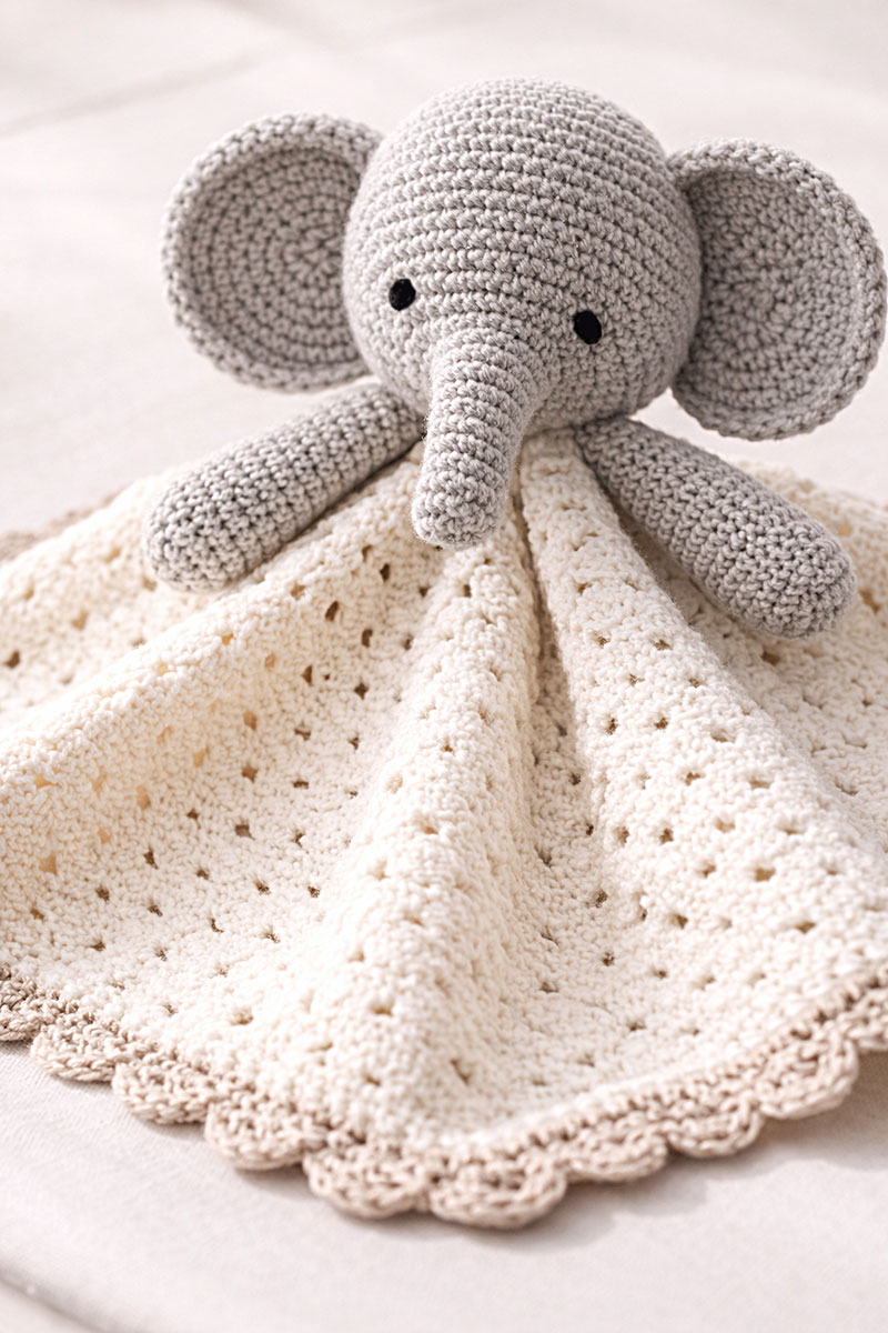 Detail of crochet elephant lovey showing ear placement and blanket texture