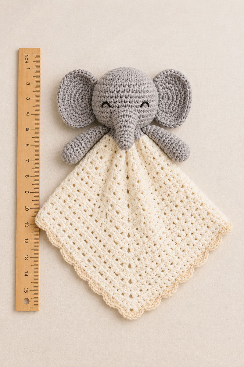 Crochet elephant lovey dimensions showing head placement ears trunk arms and blanket base