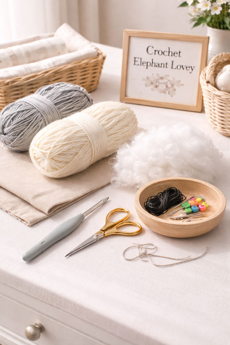 Materials for crochet elephant lovey free pattern including yarn hook stuffing and needle