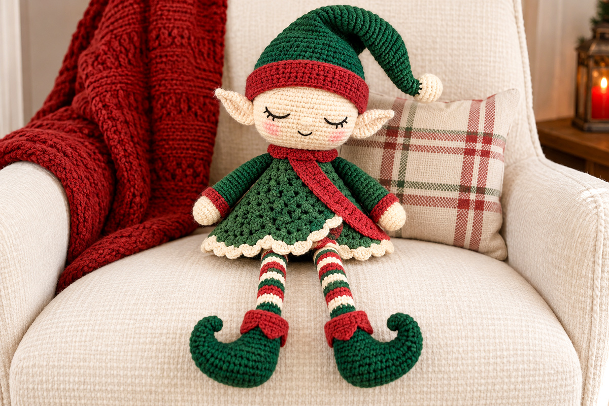 Finished crochet Christmas elf doll lovey snuggler with oversized curled green hat pointed ears embroidered sleepy face red crossover tunic striped legs and curled elf shoes