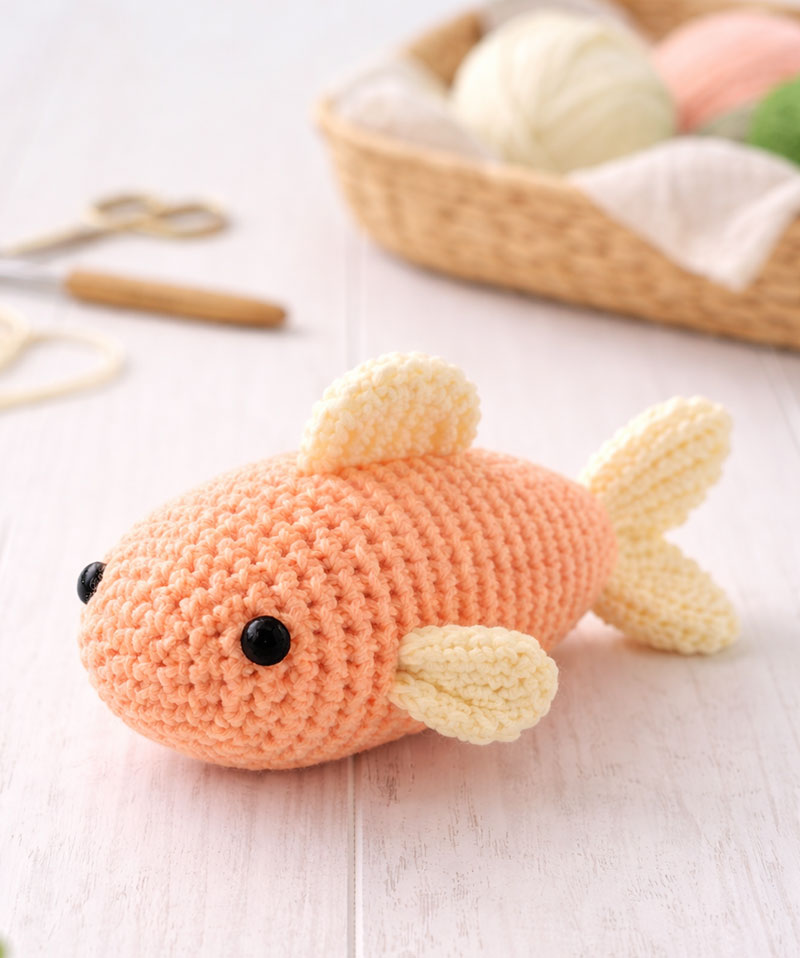 Finished crochet fish pattern shown as a handmade toy with embroidered eyes and shaped tail