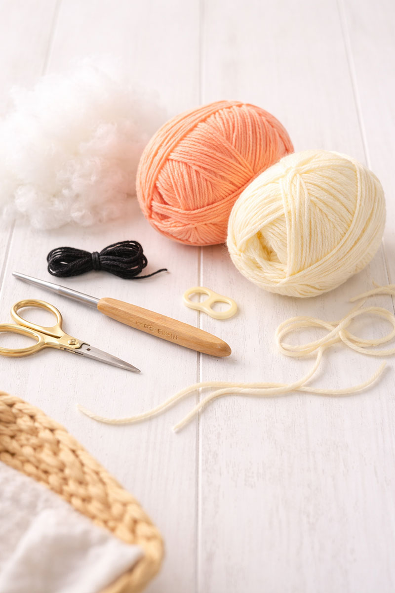 Supplies laid out for a crochet fish pattern including yarn hook stuffing and needle
