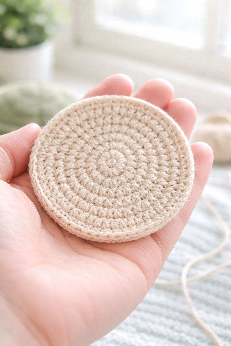 Flat crochet turtle base piece laid evenly with no curvature or lifting edges