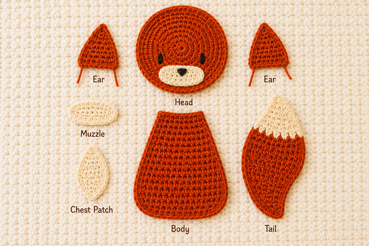 Flat crochet fox applique pieces arranged before sewing with orange head body ears and tail and cream muzzle and chest patch