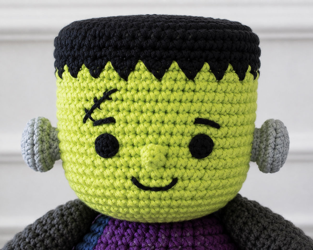 Close view of a crochet Frankenstein monster head with embroidered eyes stitched scar black yarn hair cap and soft gray side bolts