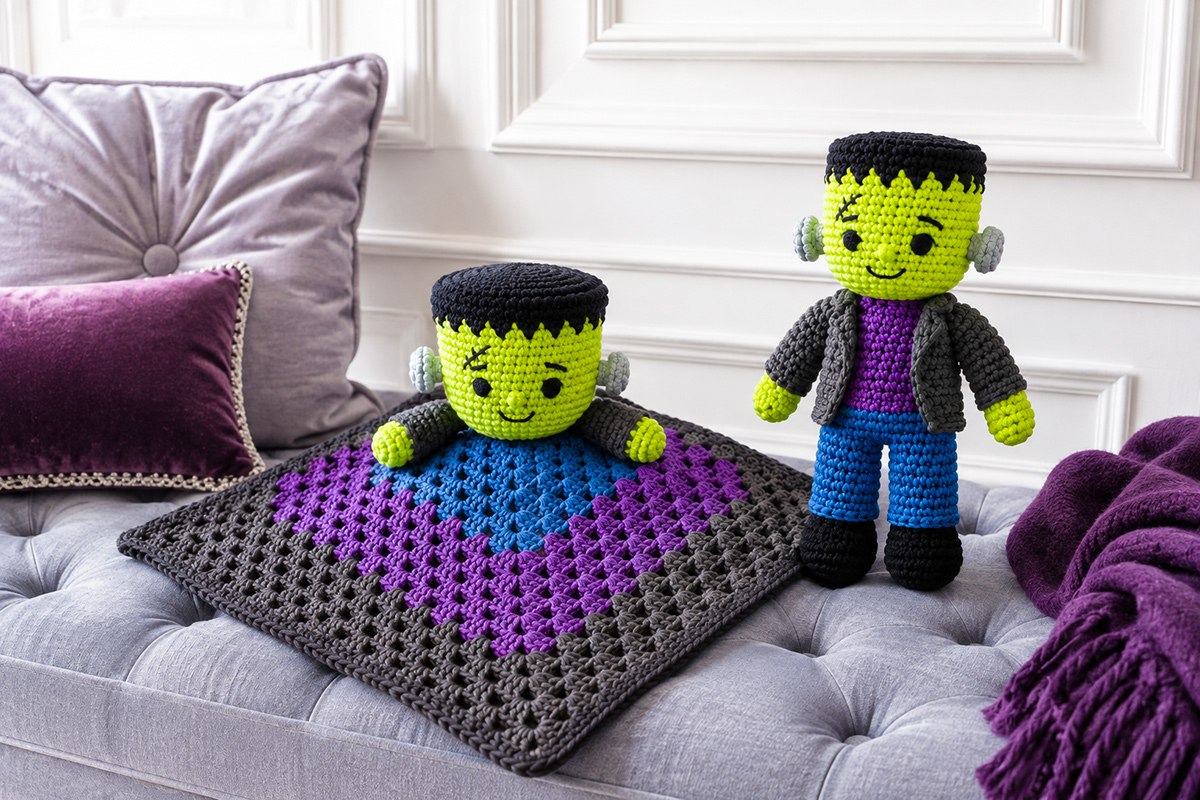 Crochet Frankenstein monster baby lovey and stuffed doll with green yarn, black hair and embroidered faces