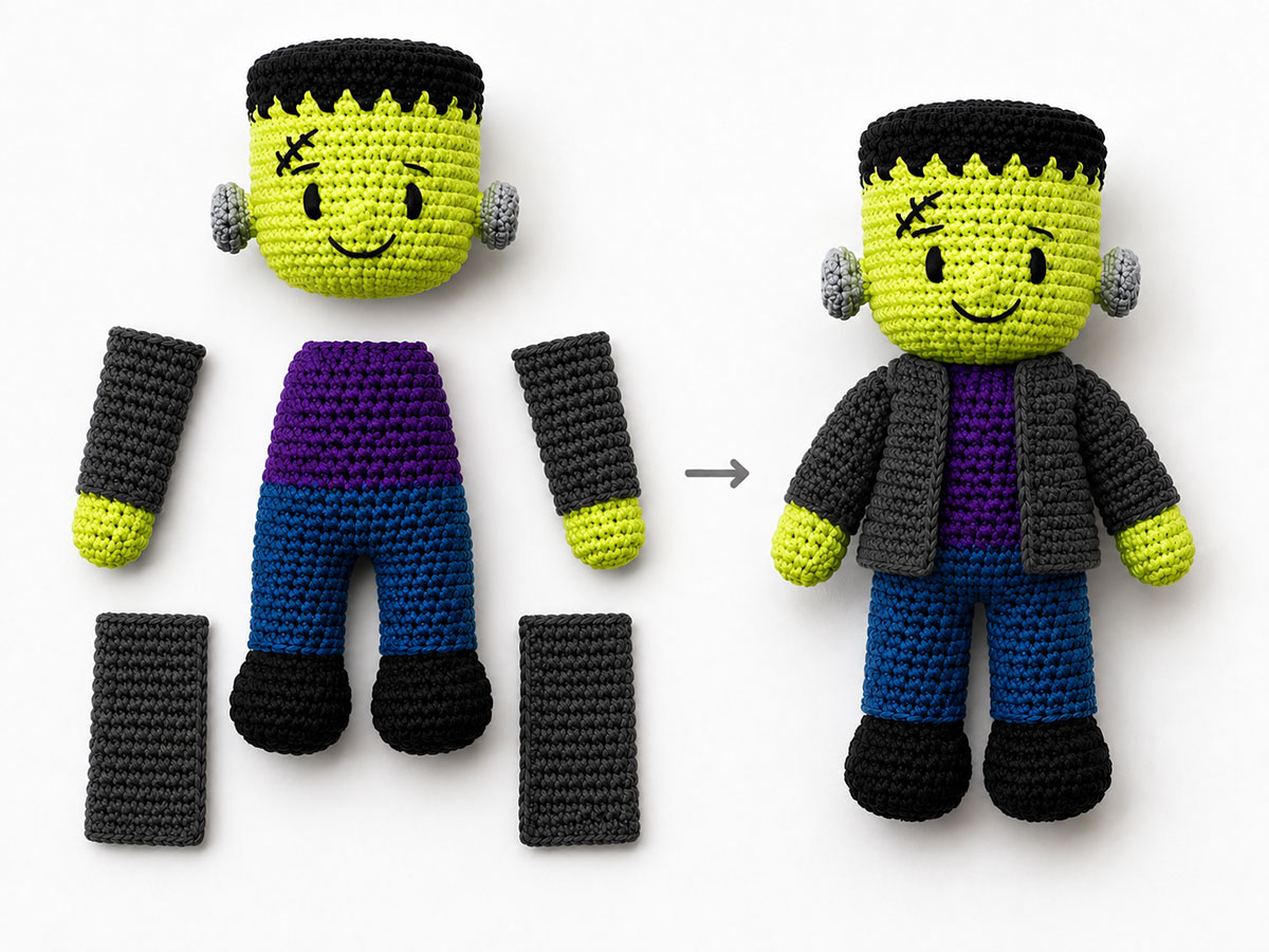 Crochet Frankenstein monster doll being assembled with yarn needle pins and securely sewn head and arm seams