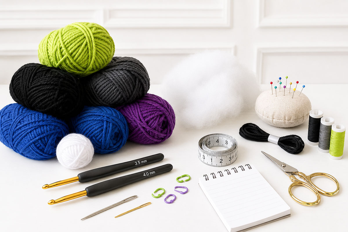 Green black gray purple and blue yarn with crochet hooks embroidery floss stuffing and tools arranged for a Frankenstein monster pattern