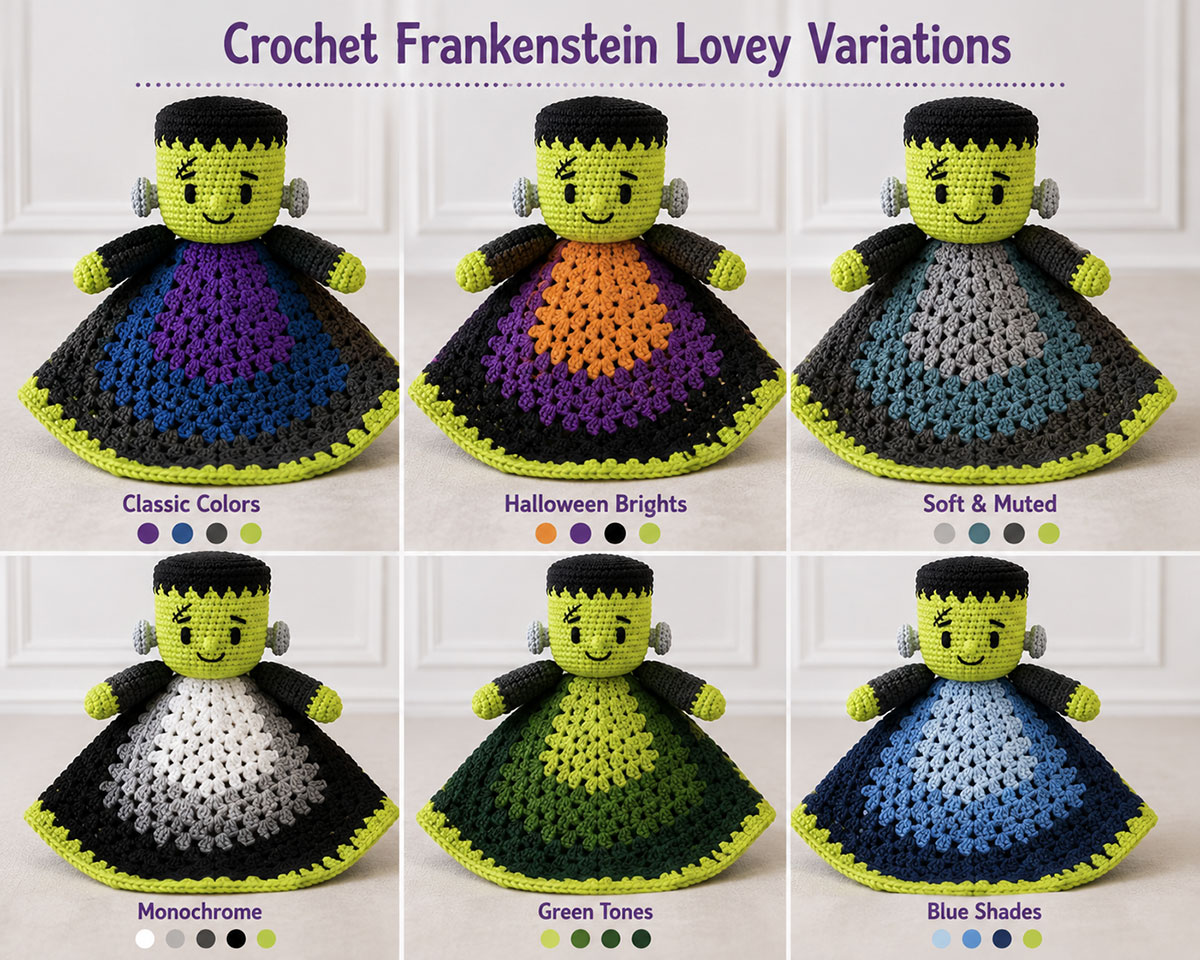 Several crochet Frankenstein monster variations with different embroidered expressions clothing colors and striped lovey blankets