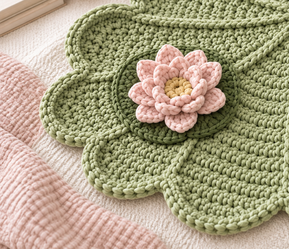 Round sage green crochet frog lovey blanket with raised lily pad ribs large scallops and pink crochet lily on a green pad
