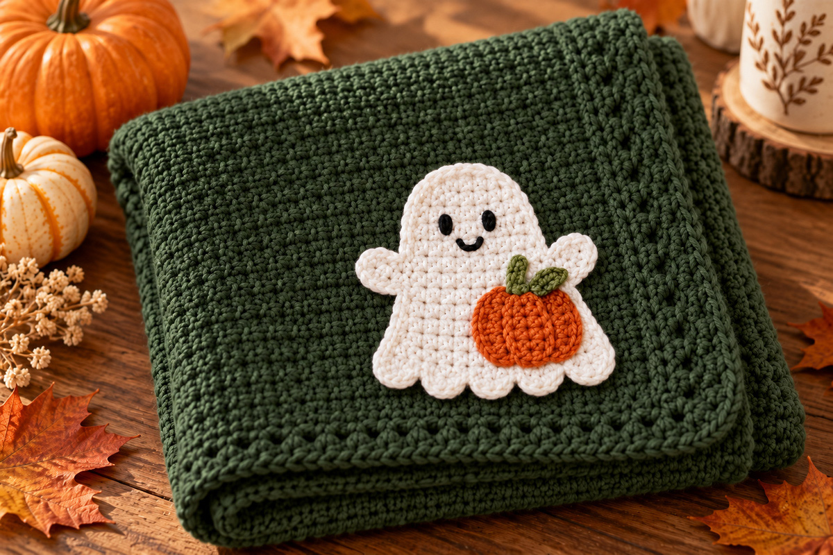 Flat white crochet ghost applique with a small orange pumpkin and embroidered face for Halloween projects