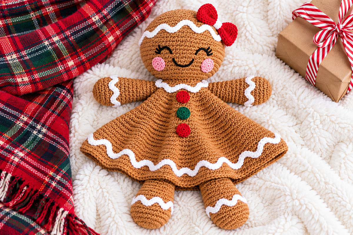 Finished crochet gingerbread girl lovey snuggler with smiling embroidered face red hair bow pink cheeks flared brown dress with white icing trim and long floppy legs
