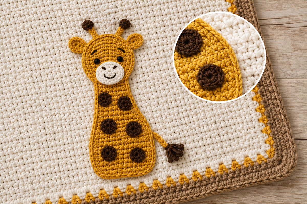Close view of securely sewn ears ossicones spots muzzle and embroidered face on a crochet giraffe applique