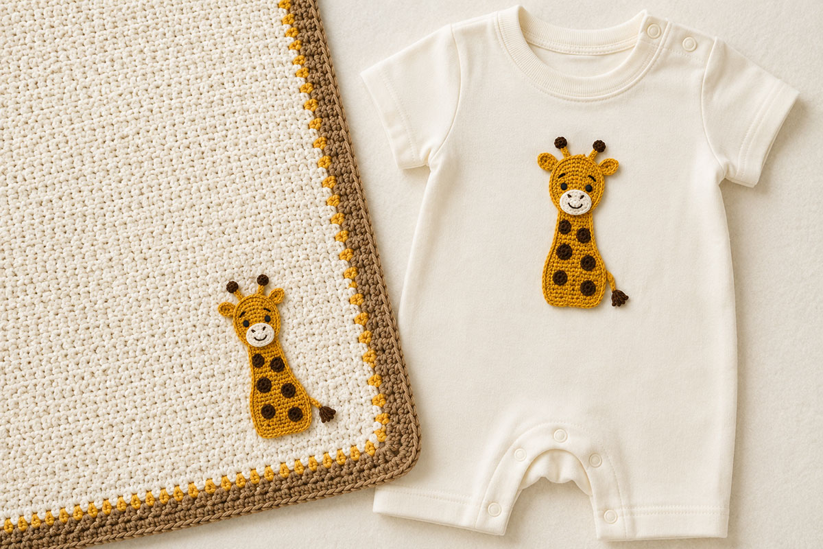 Finished crochet giraffe applique with embroidered face brown spots ears ossicones muzzle and secure tail