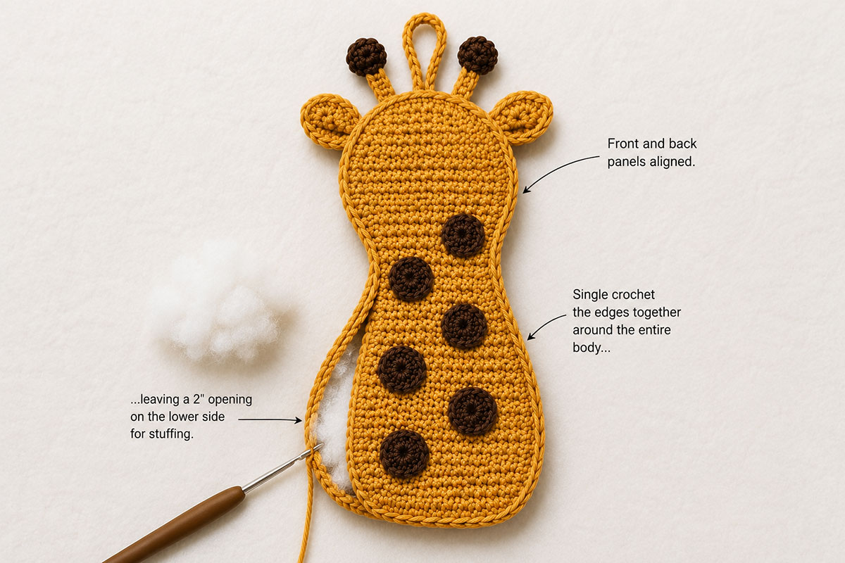 Lightly padded crochet giraffe applique after the front and back body panels have been joined