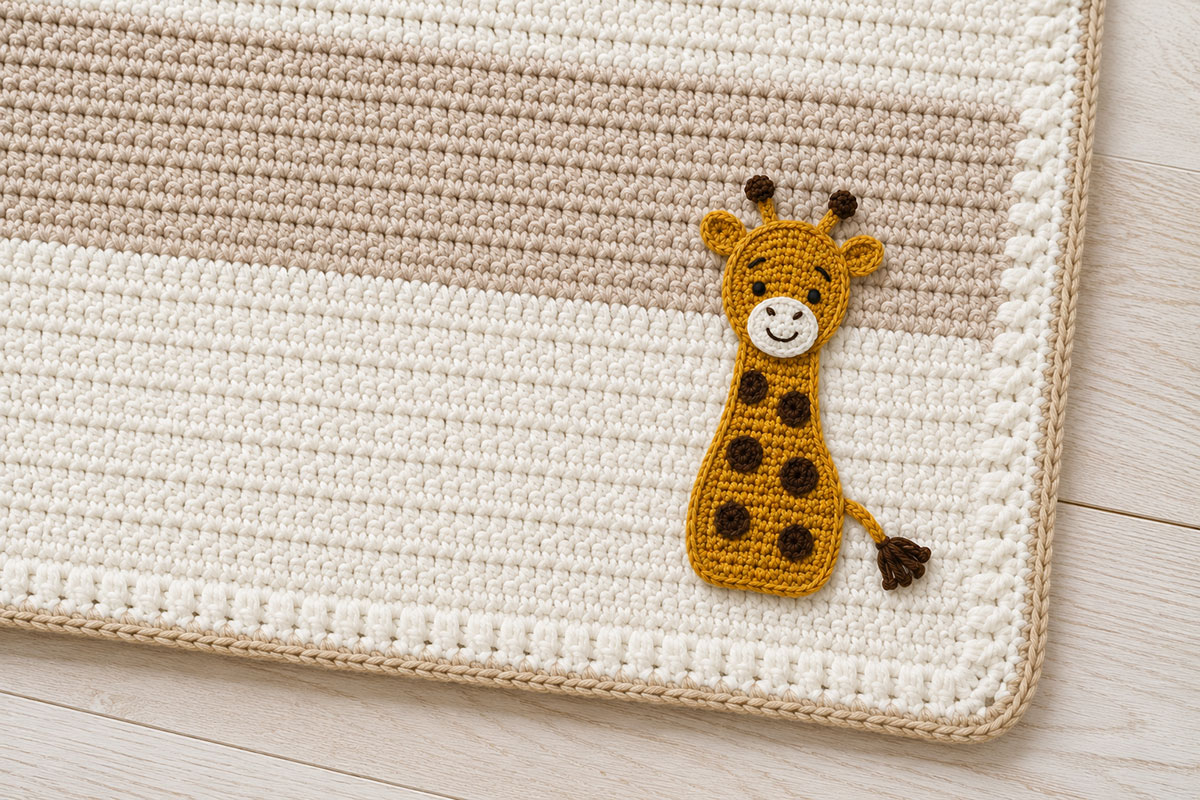 Crochet giraffe applique securely sewn onto a handmade baby blanket