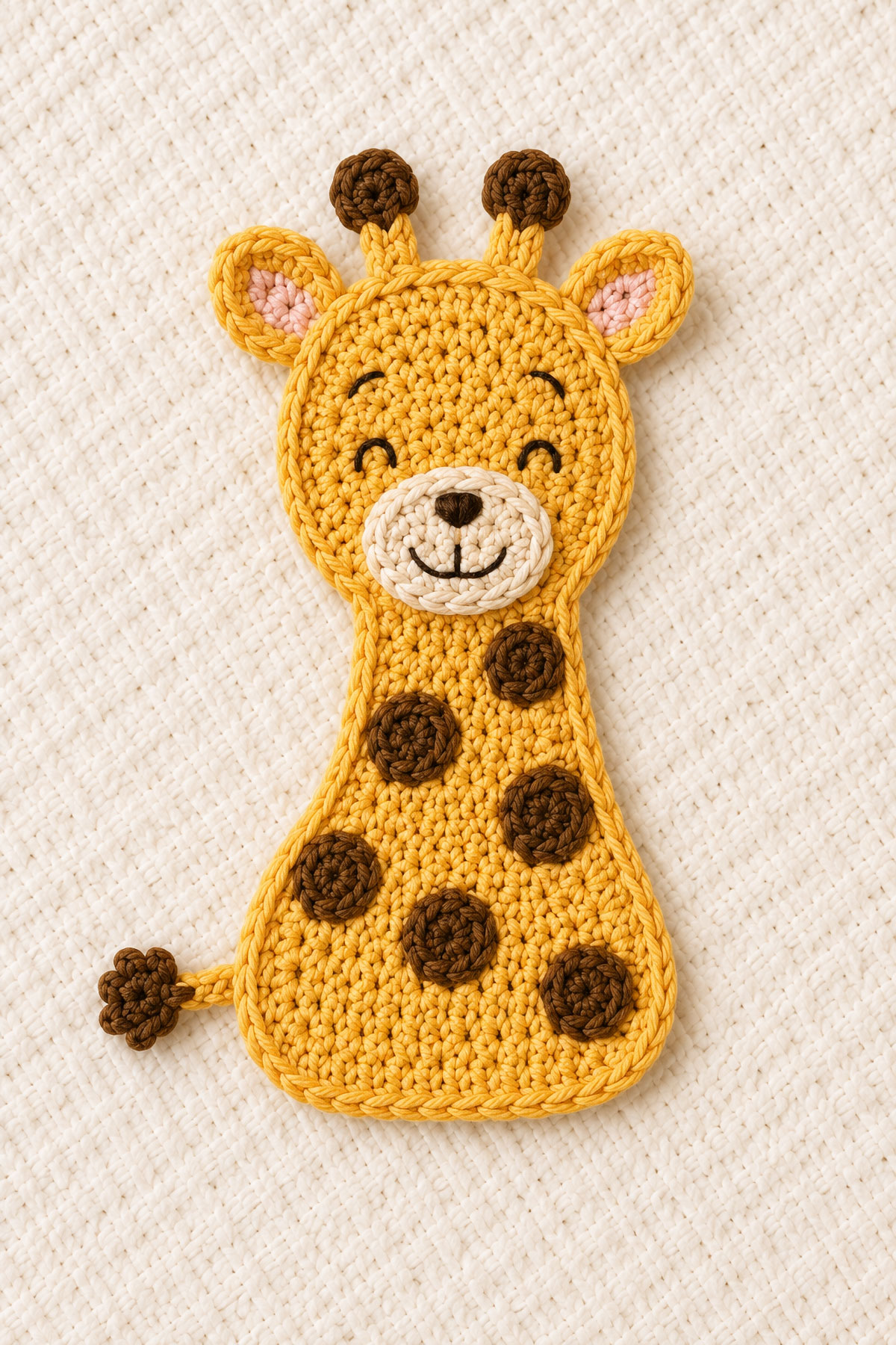 Golden yellow crochet giraffe applique with long neck brown spots and embroidered face