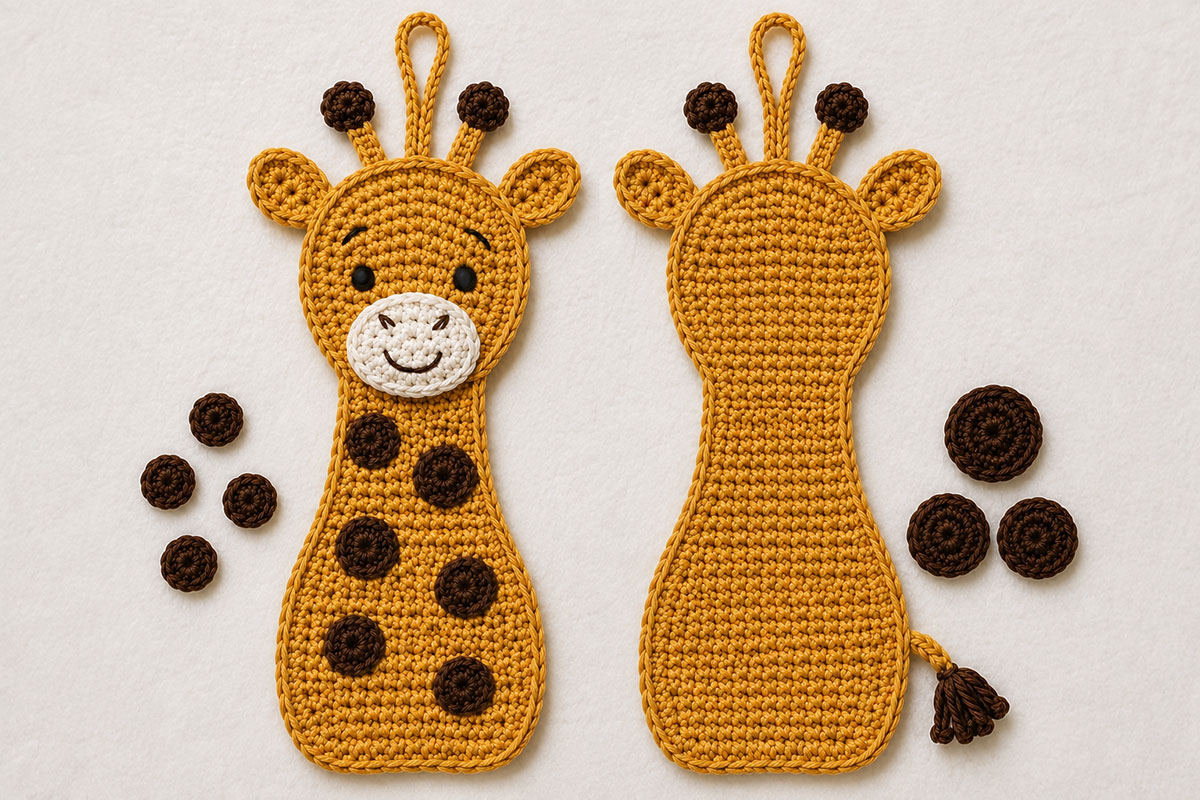 Crochet giraffe applique panels with ears ossicones and brown spots positioned before joining