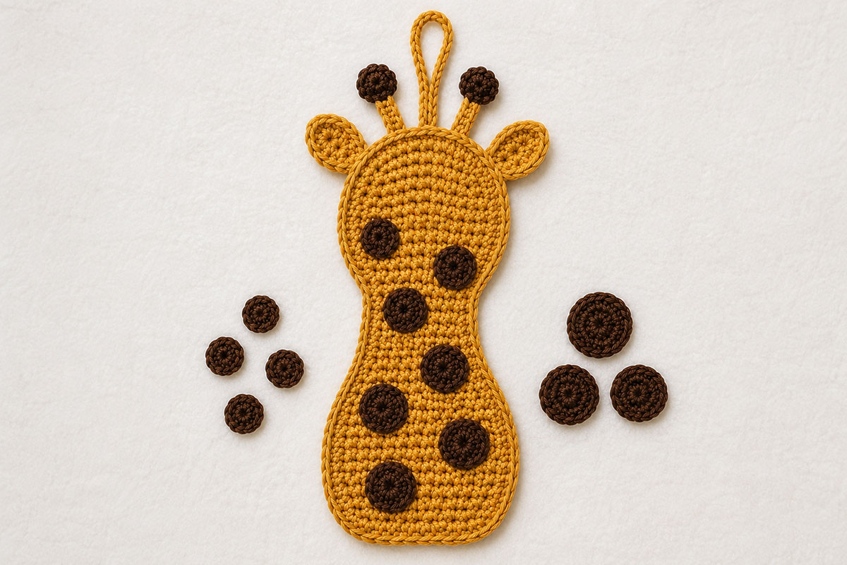 Brown crochet giraffe spots arranged across the neck and body of a golden yellow giraffe applique panel