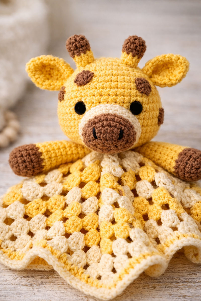 Crochet giraffe lovey detail showing stitched features