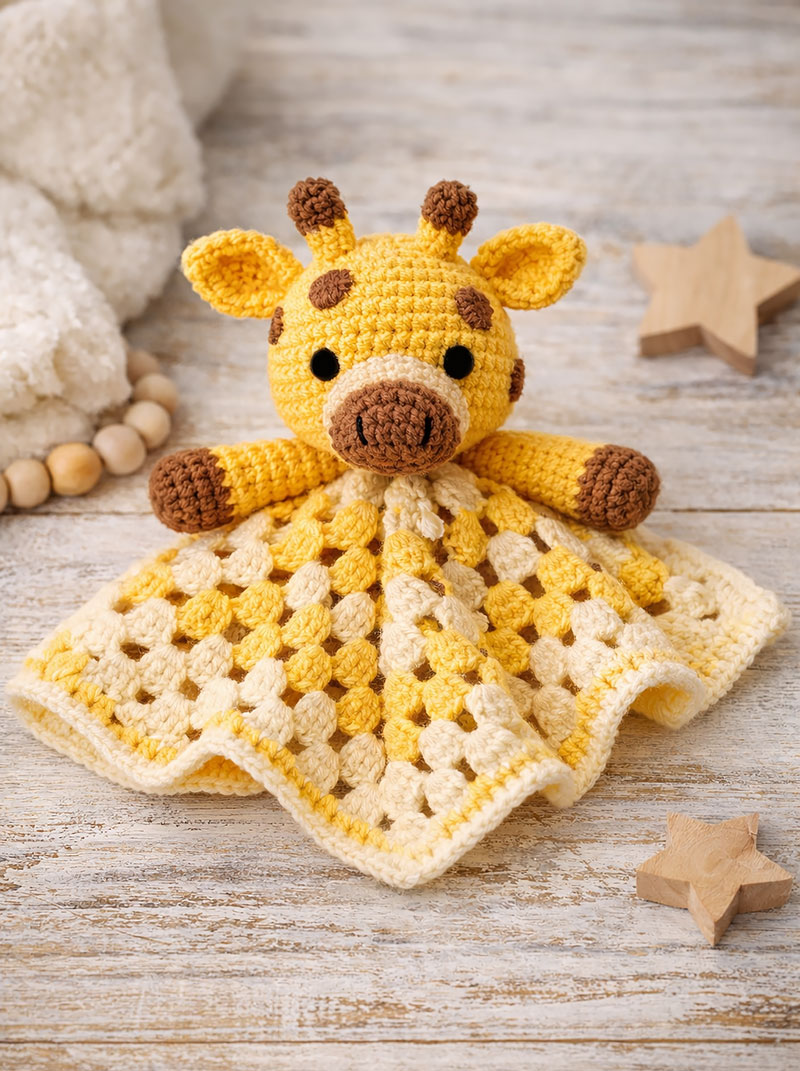 Crochet giraffe lovey made with a soft security blanket body for a baby gift