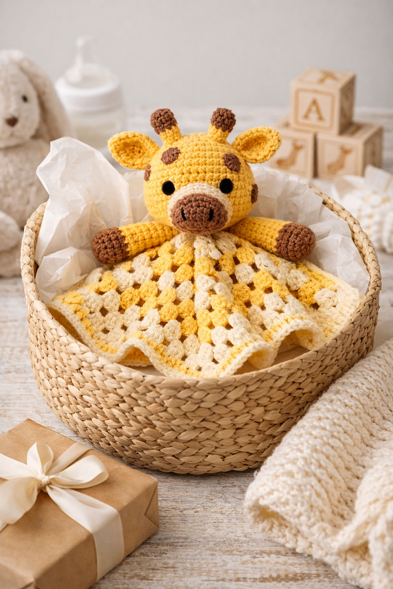 Crochet giraffe lovey displayed as a baby gift