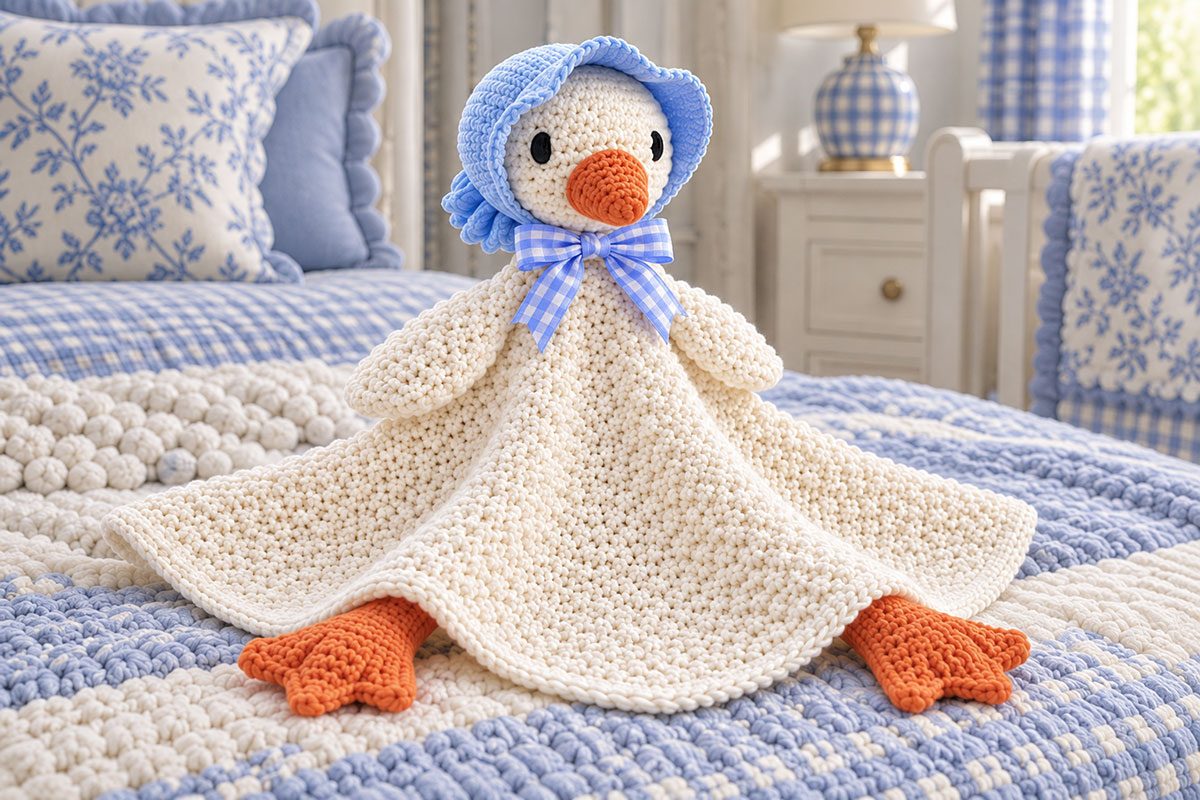 Ivory crochet goose lovey blanket showing the dense alternating single crochet and double crochet texture of lemon-peel stitch