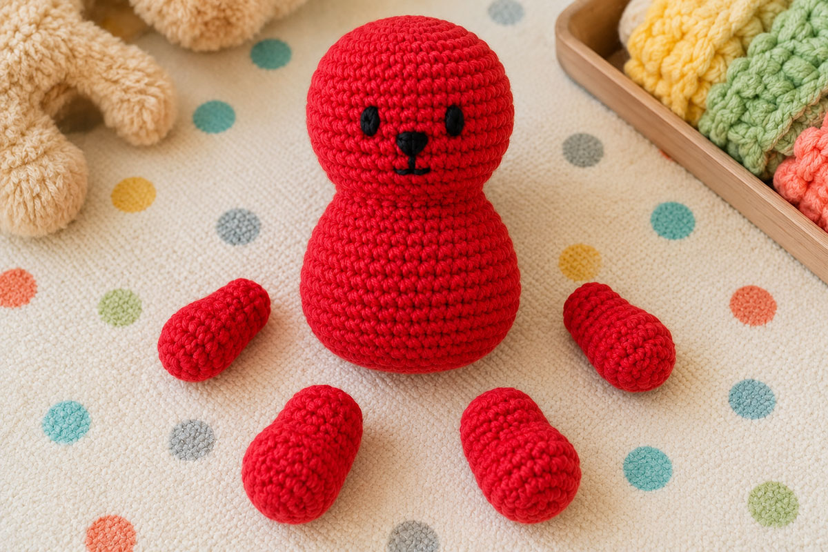 Two short crochet gummy bear arms and two rounded stuffed legs arranged before attachment to the matching single color bear body