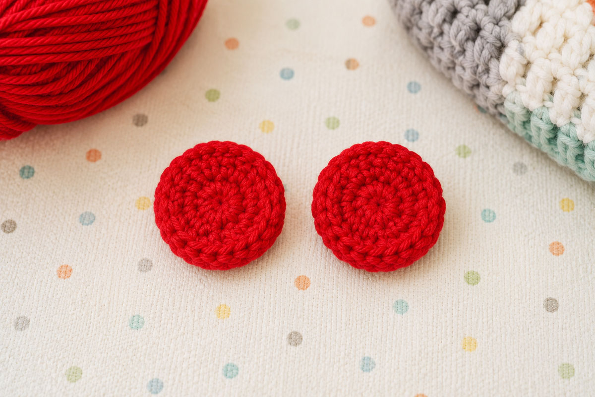 Two small flat round crochet gummy bear ears made in the same bright yarn color as the finished bear