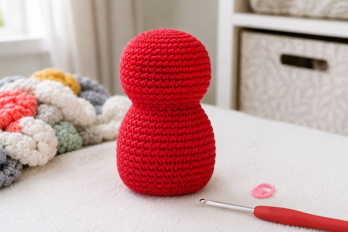 Single color crochet gummy bear head and body worked as one continuous piece before the separate ears arms and legs are attached