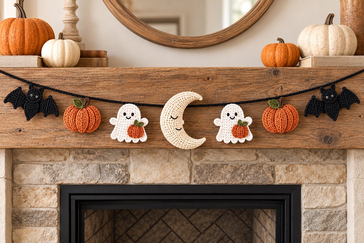 Free crochet Halloween garland with black bats orange pumpkins smiling ghosts holding little pumpkins and a sleepy crescent moon hanging across a rustic fireplace mantel
