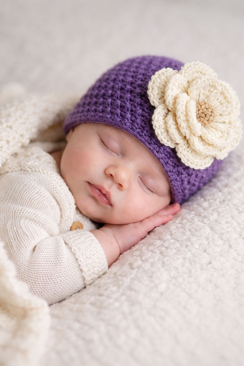 Purple and cream newborn baby girl crochet beanie hat with large crocheted flower pattern photo prop studio portrait