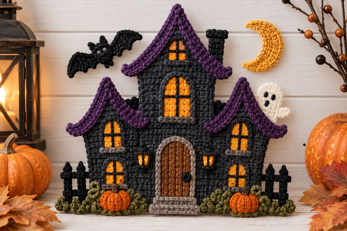 Finished crochet haunted house applique with purple roofs, glowing orange windows, a bat, moon, ghost, pumpkins and fence details