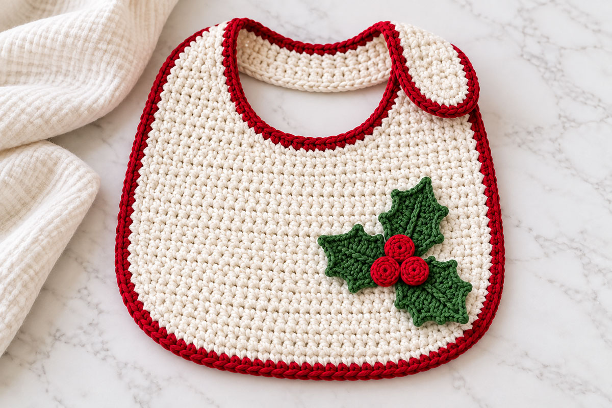 Cream crochet baby bib with cranberry edging and a small holly applique made with three flat crocheted berry discs