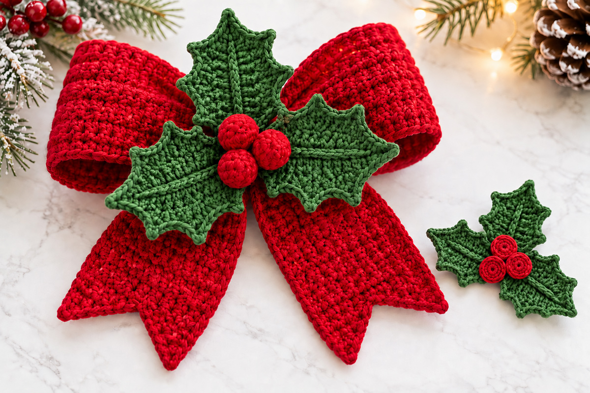 Large crochet holly leaf cluster with dimensional berries on a red crochet Christmas bow beside a small flat-berry holly applique