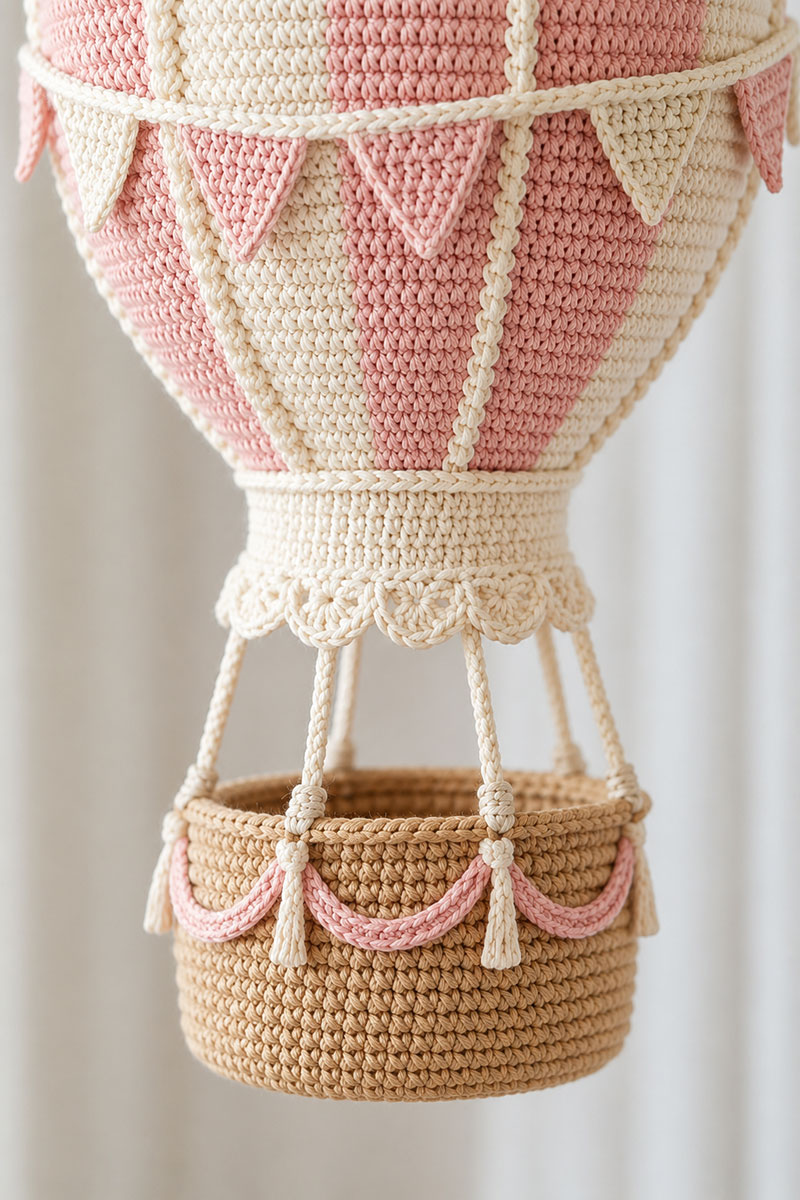 Crochet hot air balloon basket with rolled rim and textured stitches for a nursery mobile