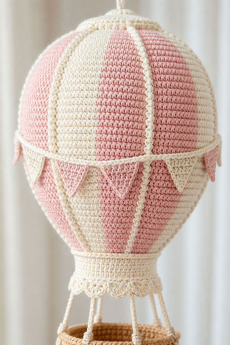 Close view of a shell pink and ivory crochet hot air balloon with vertical panels and an ivory neck