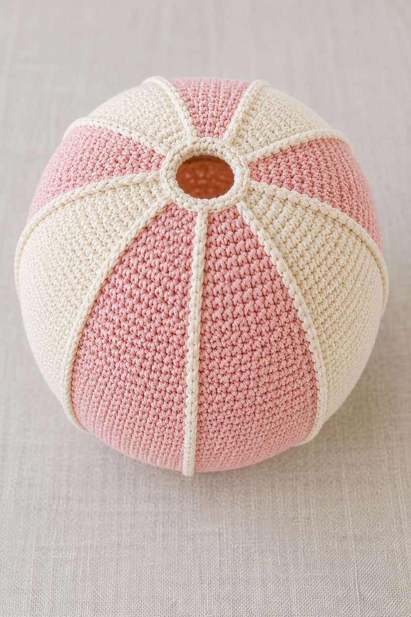Close view of eight alternating shell pink and ivory crochet hot air balloon gores before the pennant band is added