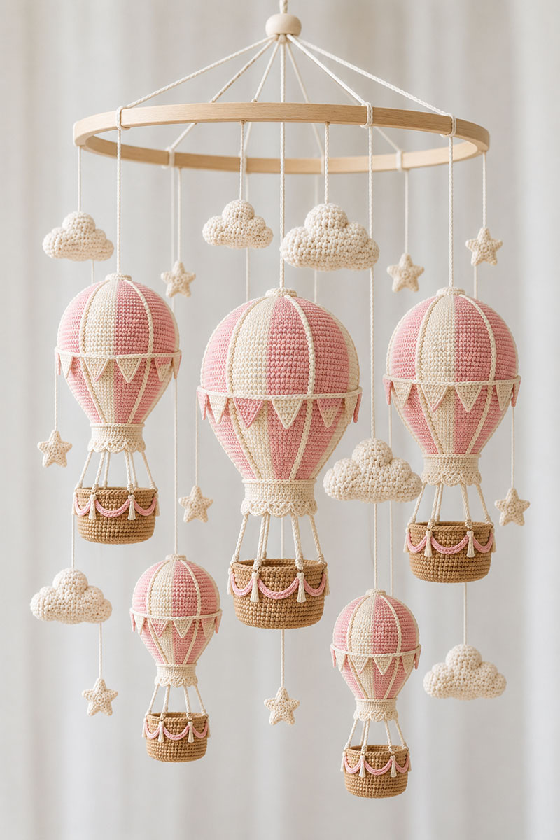 Crochet hot air balloon mobile assembly with balloons clouds stars and natural wood hoop