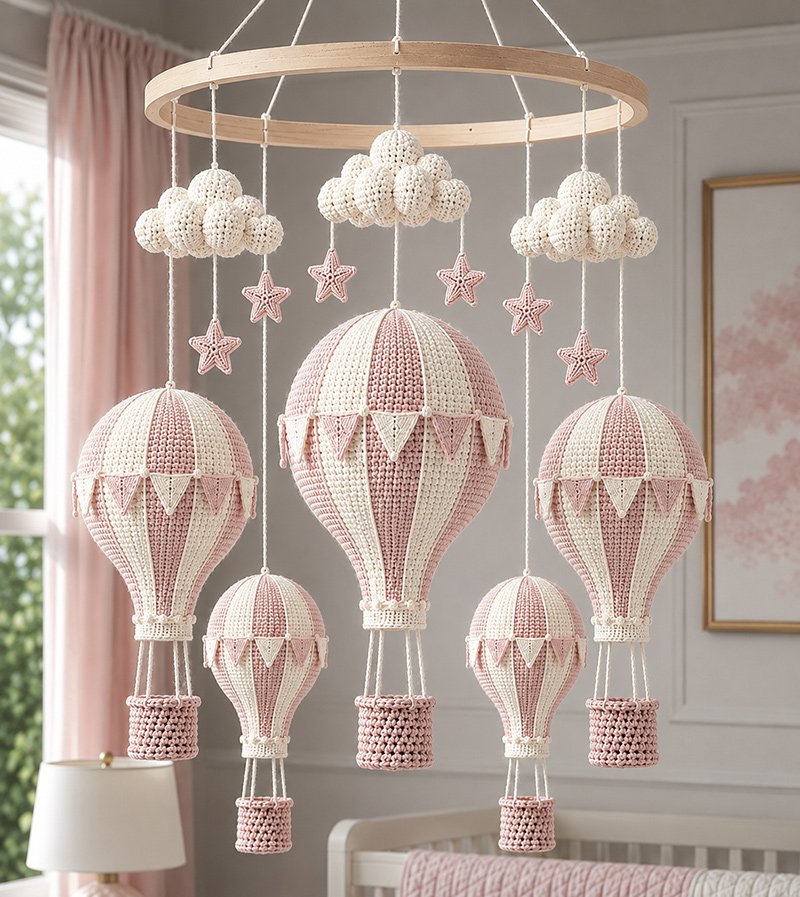 Crochet hot air balloon mobile pattern with shell pink and ivory balloons, baskets, clouds and stars