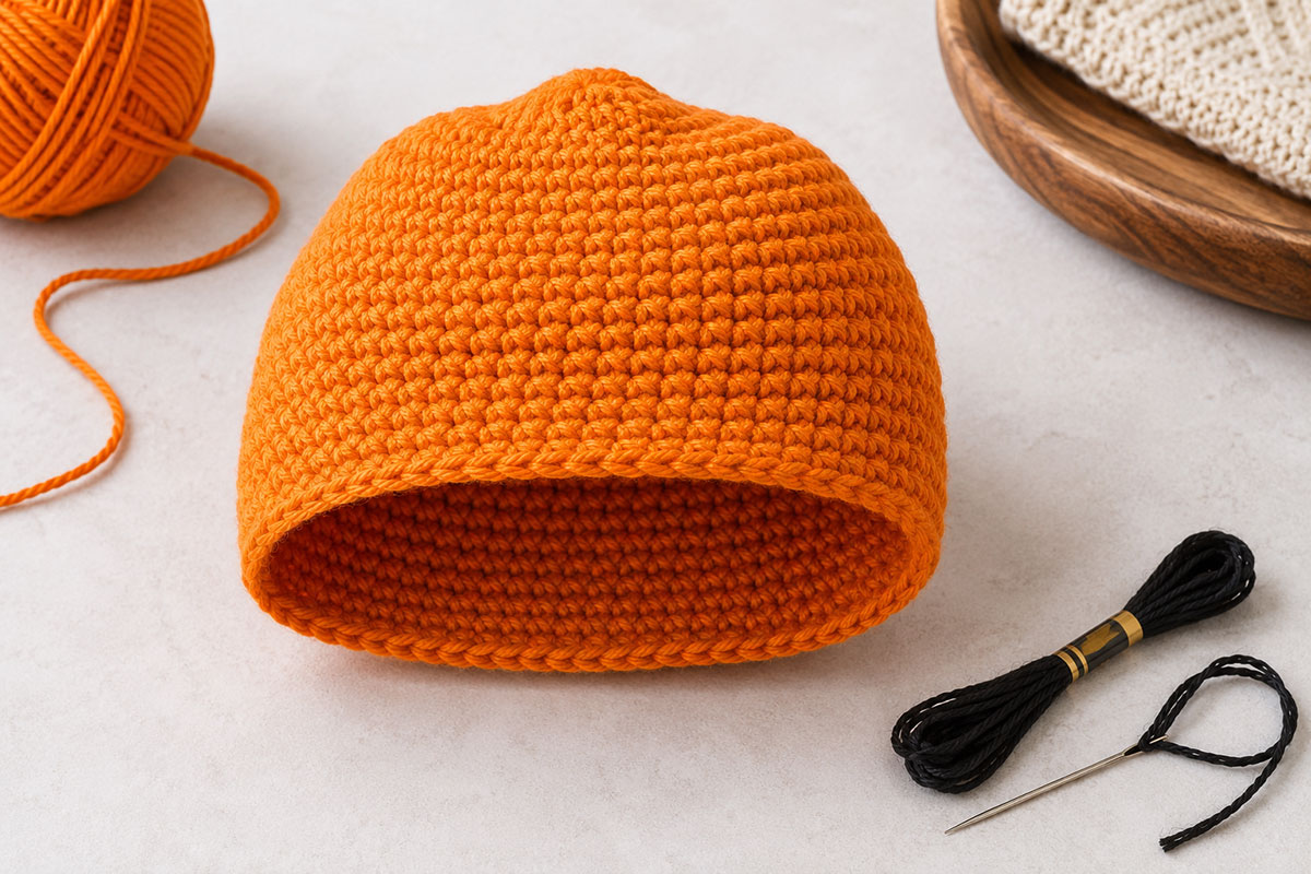 Unstuffed orange crochet pumpkin head with smooth single crochet stitches ready for the embroidered Jack-o'-lantern face