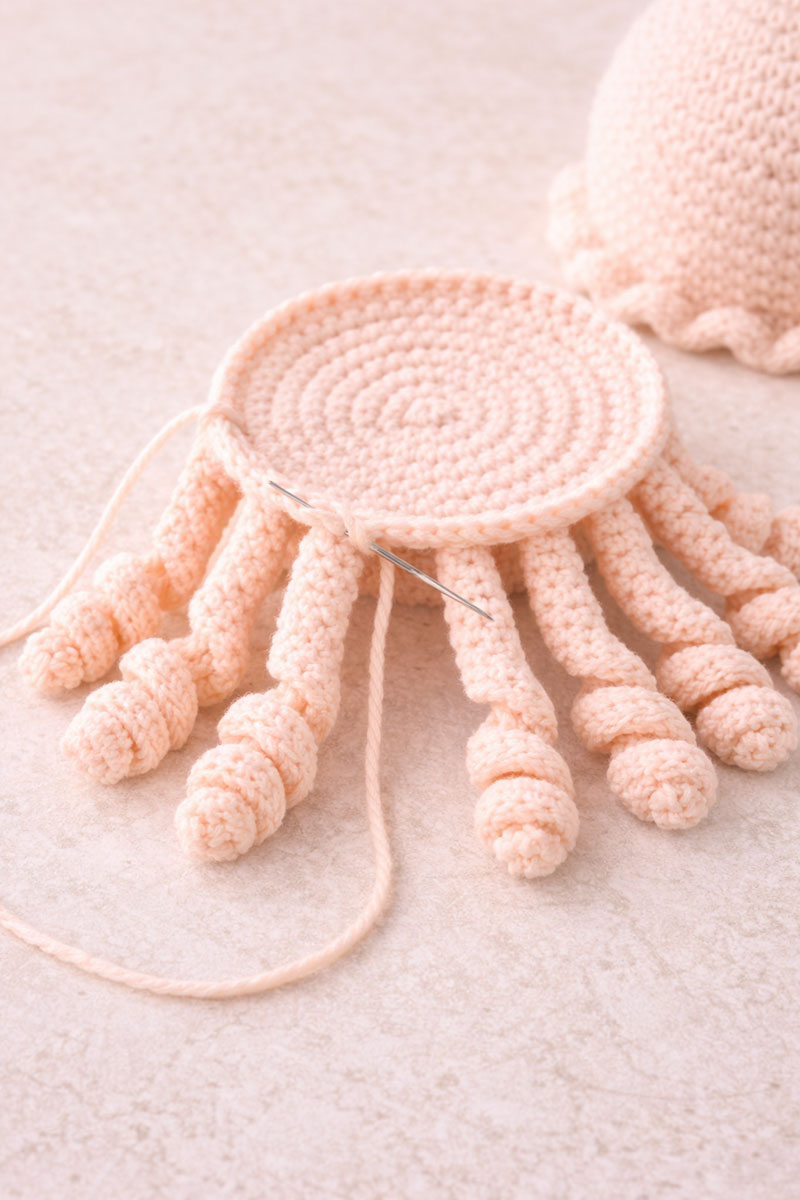 Assembly of a crochet jellyfish showing the underside circle and evenly spaced tentacles