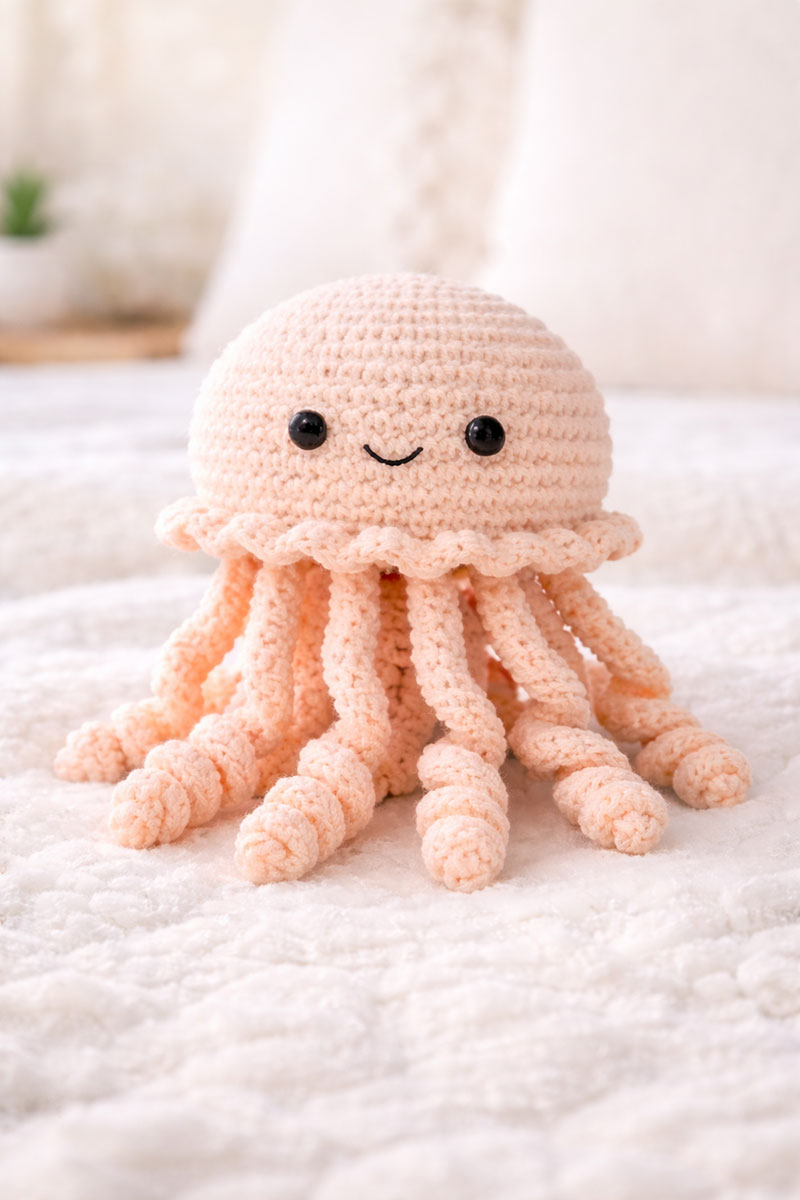 Free crochet jellyfish pattern made as a soft amigurumi toy and baby lovey