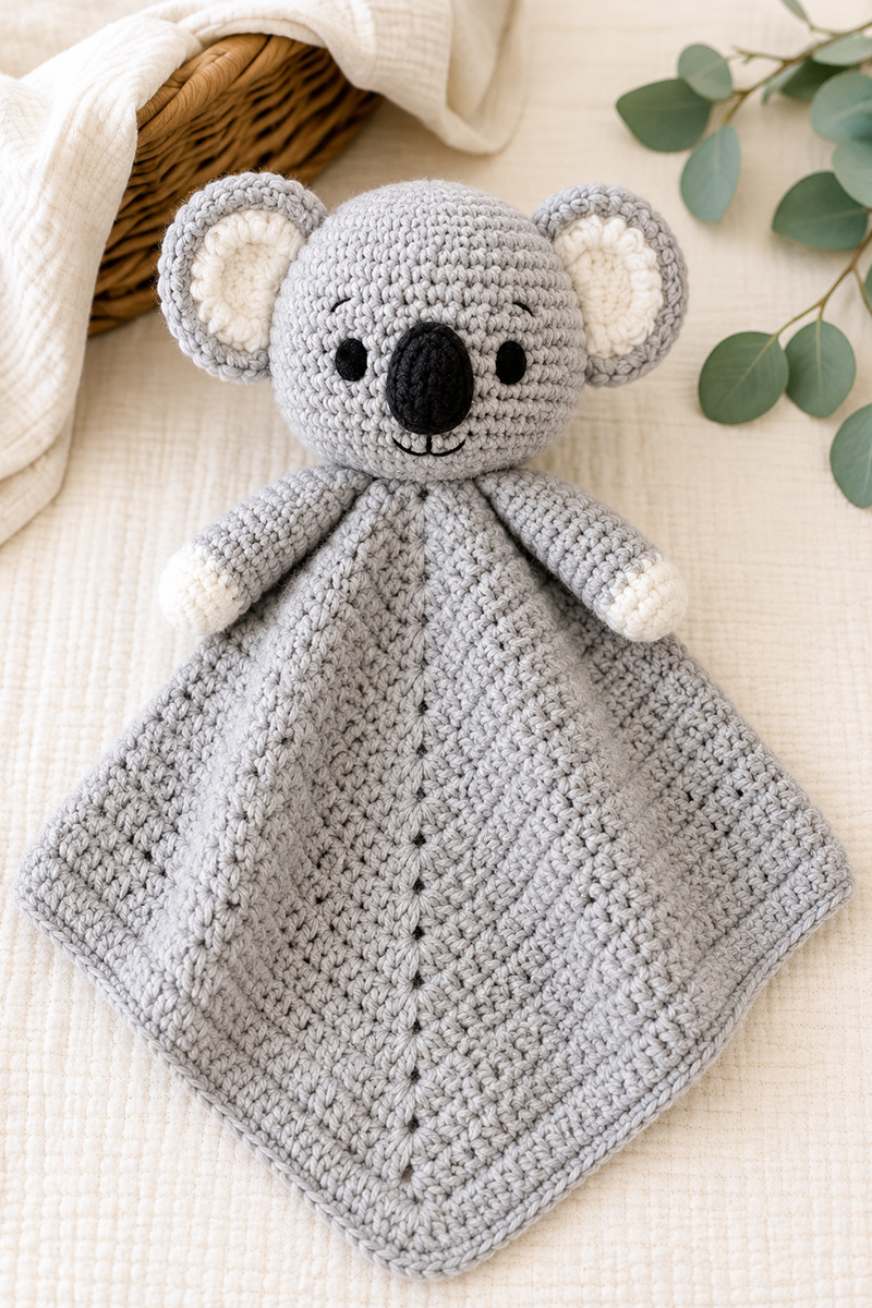 crochet koala lovey pattern with soft gray koala head and baby security blanket body