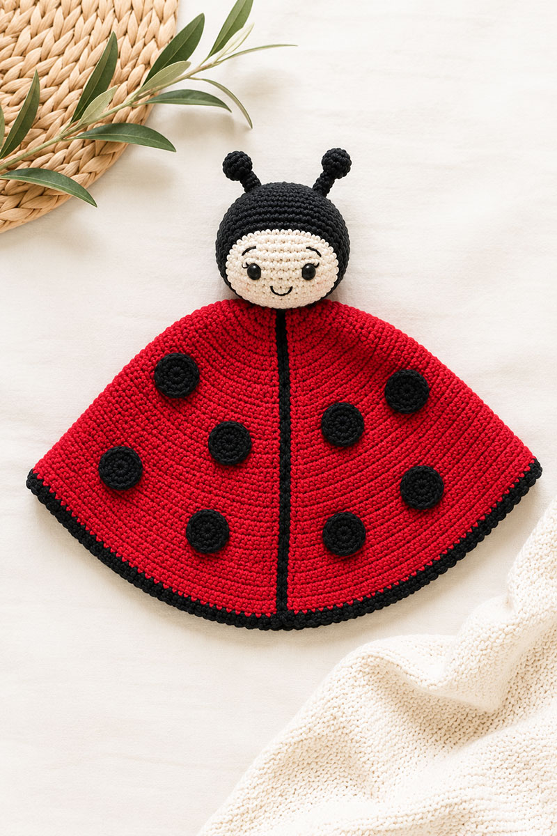 crochet ladybug lovey dimensions showing blanket width head size and assembly placement