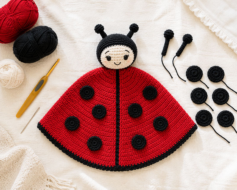 flat lay of crochet ladybug lovey pieces including blanket body head spots and antennae