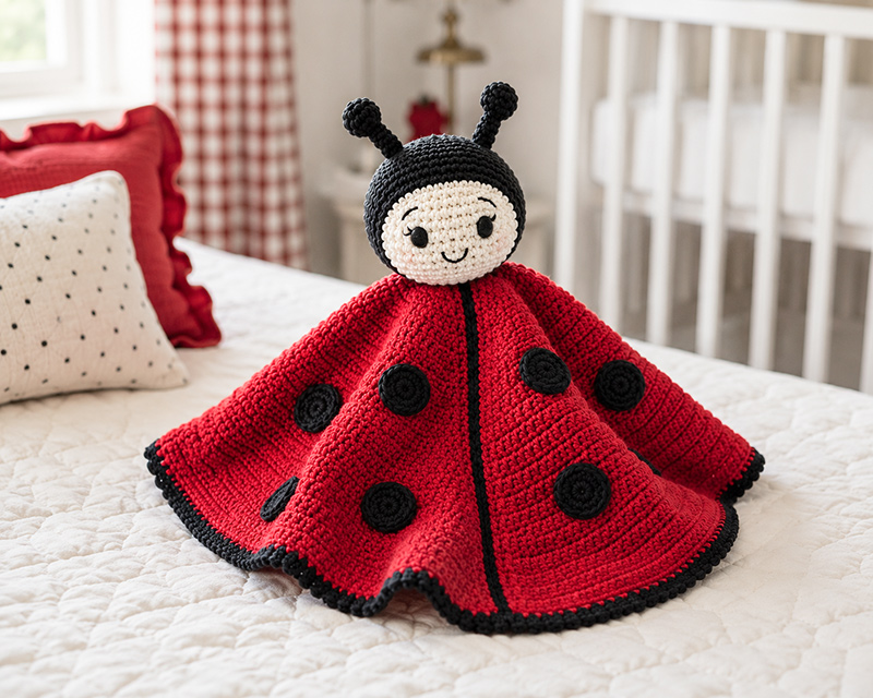 crochet ladybug lovey pattern with red and black spotted baby security blanket