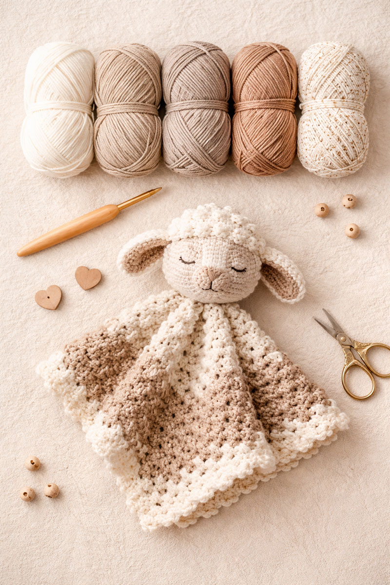 Neutral baby yarn used for crochet lamb lovey pattern