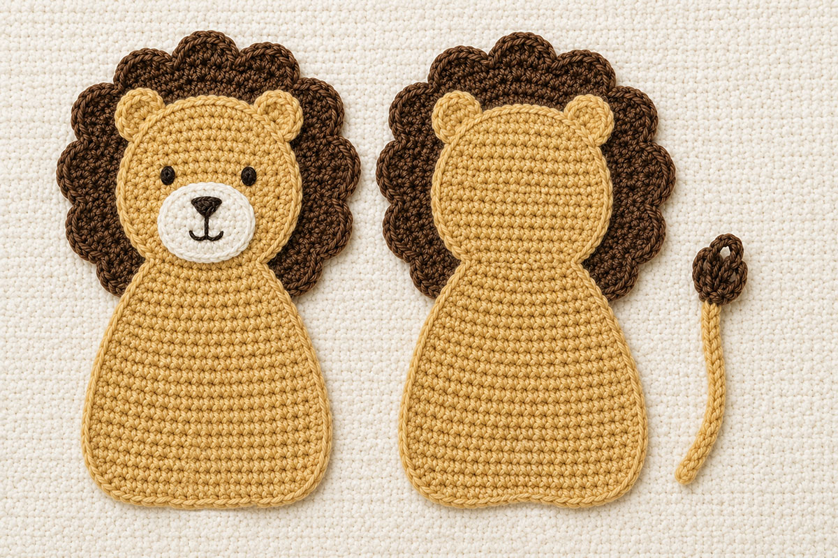 Front and back crochet lion applique panels with scalloped manes ears muzzle embroidered face and tail ready for joining